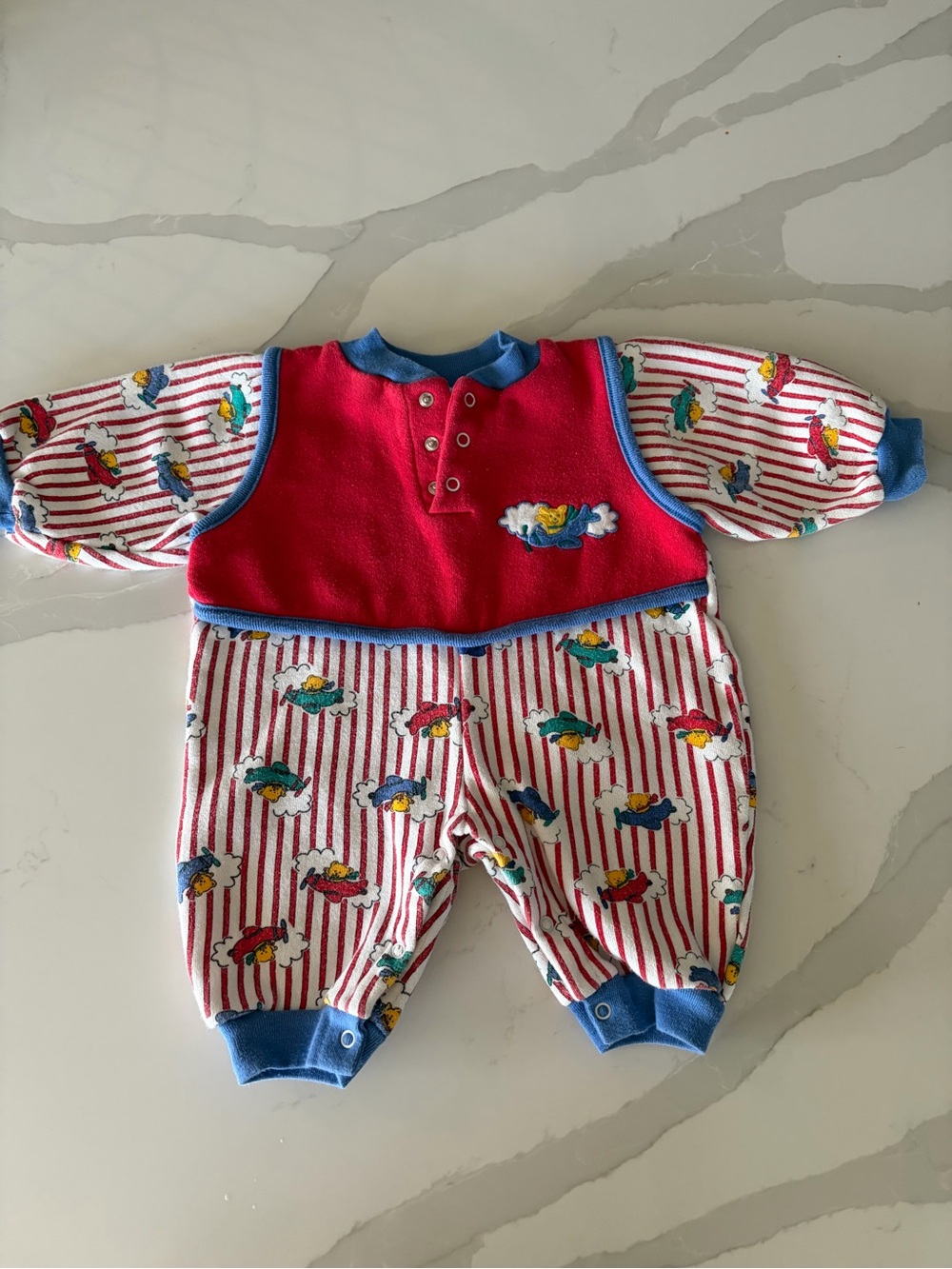 Vtg 90s Small Steps Striped Embroidered Teddy Bear Airplane Romper Jumpsuit 3-6M